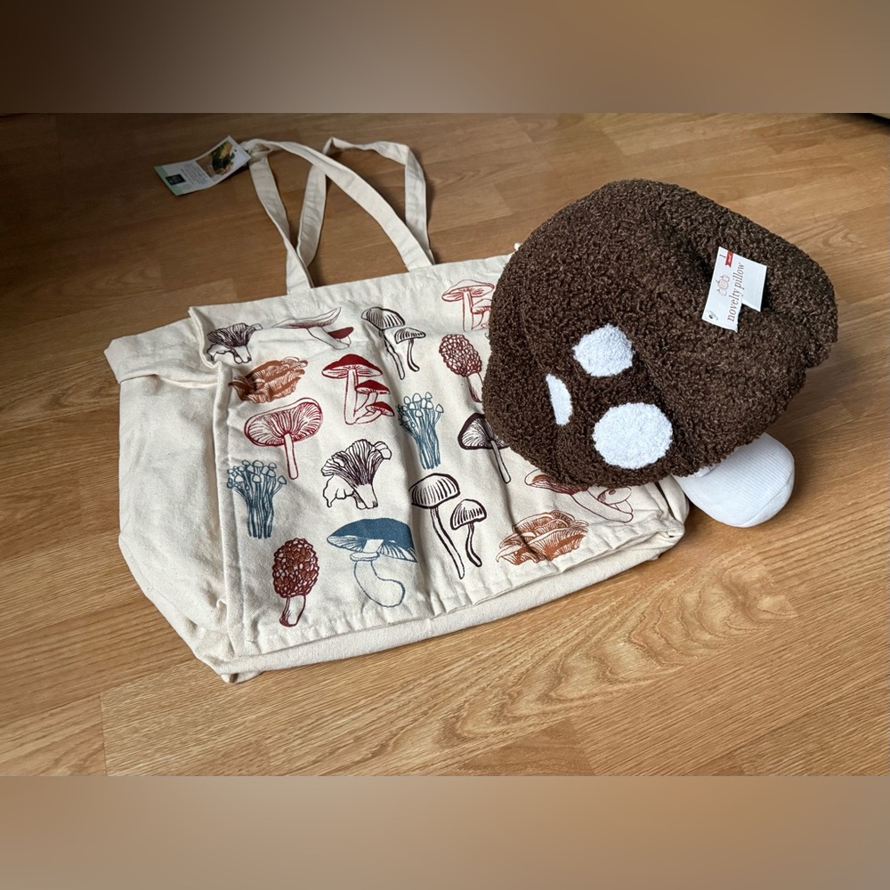 Mushroom Print XL Tote Bag with Plush Accessory
